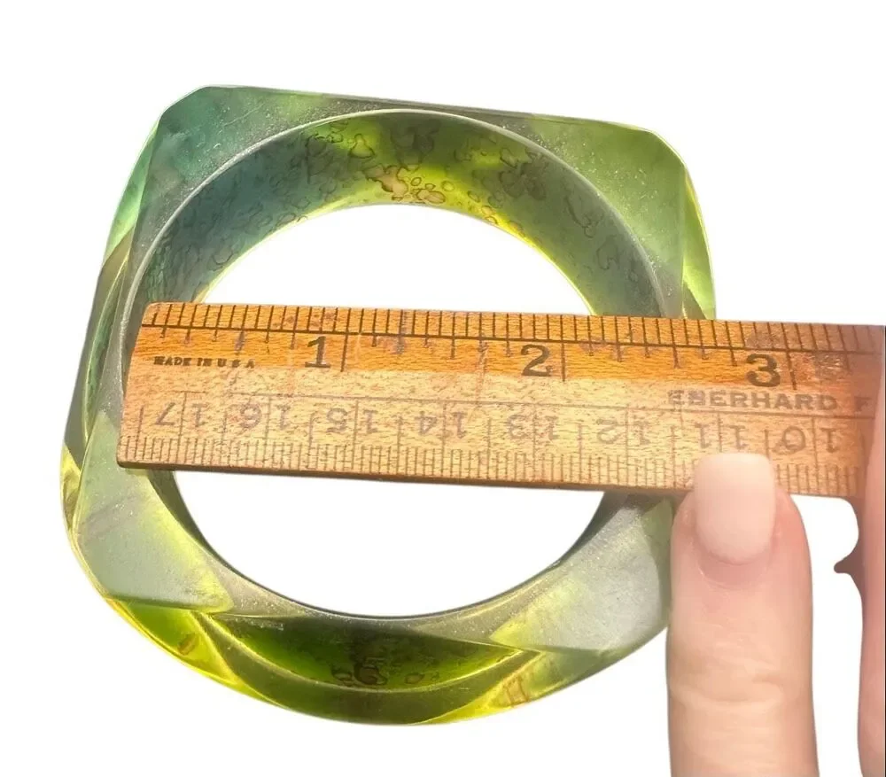 Artisan Resin Bangle Bracelet Green Teal Gold abstract wide statement cuff